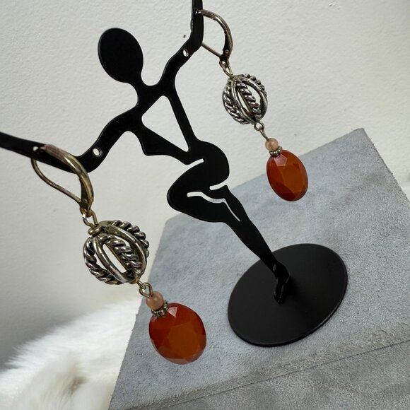 Silver Tone Ball w/ Brown Bead Dangle & Drop Pierced Earrings - Picture 9 of 9